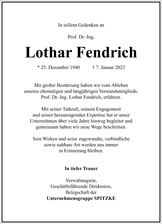 Traueranzeige von Lothar Fendrich von Frankfurter Allgemeine Zeitung