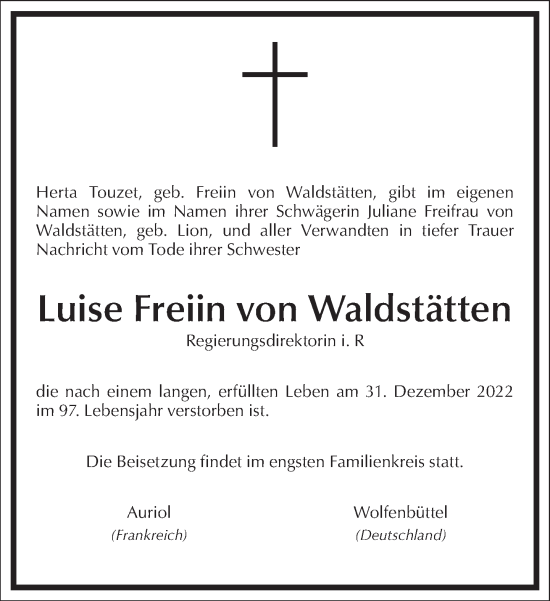 Traueranzeige von Luise Freiin von Waldstätten von Frankfurter Allgemeine Zeitung