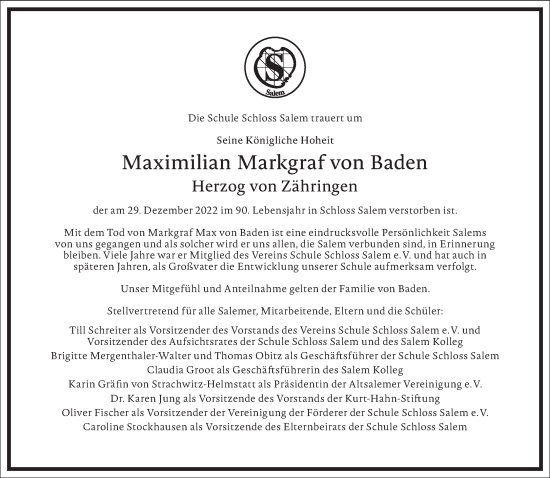 Traueranzeige von Maximilian Markgraf von Baden von Frankfurter Allgemeine Zeitung