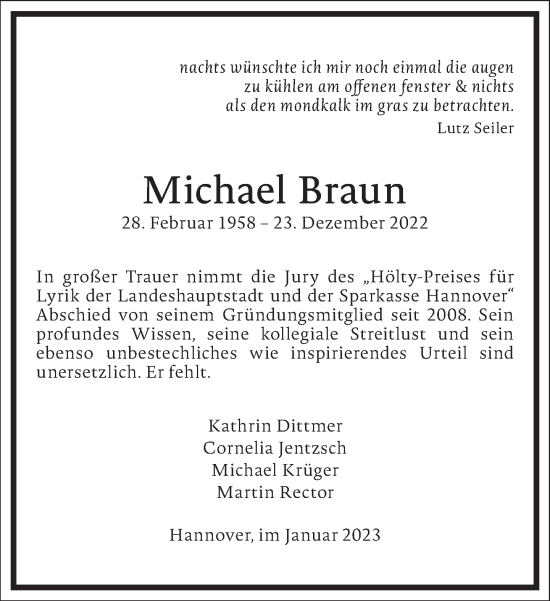 Traueranzeige von Michael Braun von Frankfurter Allgemeine Zeitung