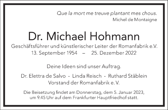 Traueranzeige von Michael Hohmann von Frankfurter Allgemeine Zeitung