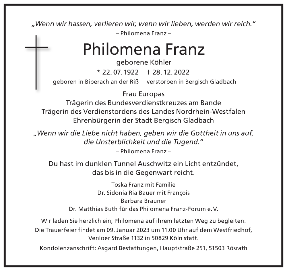  Traueranzeige für Philomena Franz vom 05.01.2023 aus Frankfurter Allgemeine Zeitung