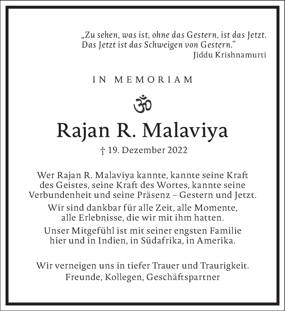  Traueranzeige für Rajan R. Malaviya vom 21.01.2023 aus Frankfurter Allgemeine Zeitung