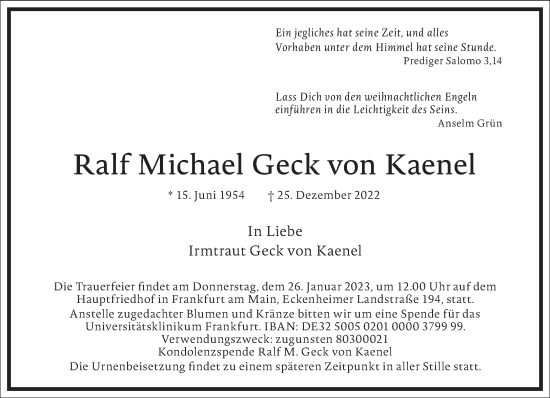 Traueranzeige von Ralf Michael Geck von Kaenel von Frankfurter Allgemeine Zeitung