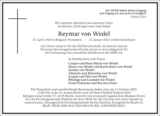 Traueranzeige von Reymar von Wedel von Frankfurter Allgemeine Zeitung