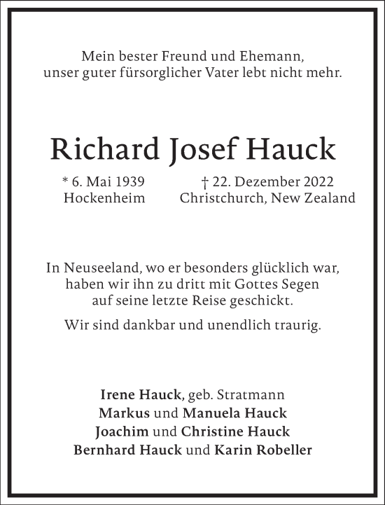 Traueranzeige von Richard Josef Hauck von Frankfurter Allgemeine Zeitung