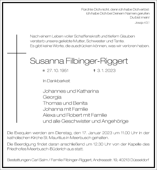 Traueranzeige von Susanna Filbinger-Riggert von Frankfurter Allgemeine Zeitung