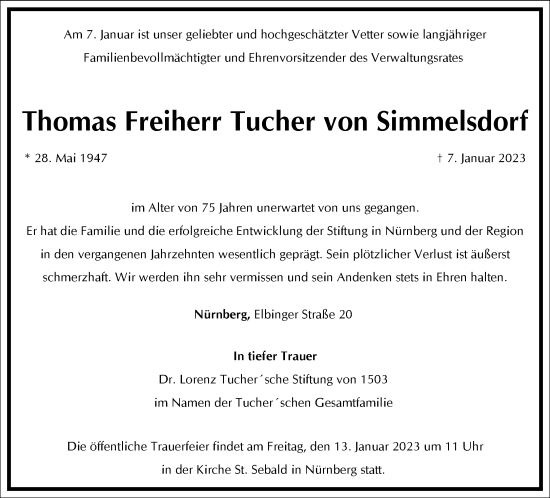 Traueranzeige von Thomas  Tucher von Simmelsdorf von Frankfurter Allgemeine Zeitung