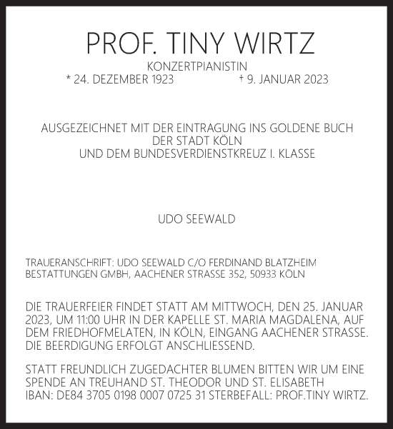 Traueranzeige von Tiny Wirtz von Frankfurter Allgemeine Zeitung