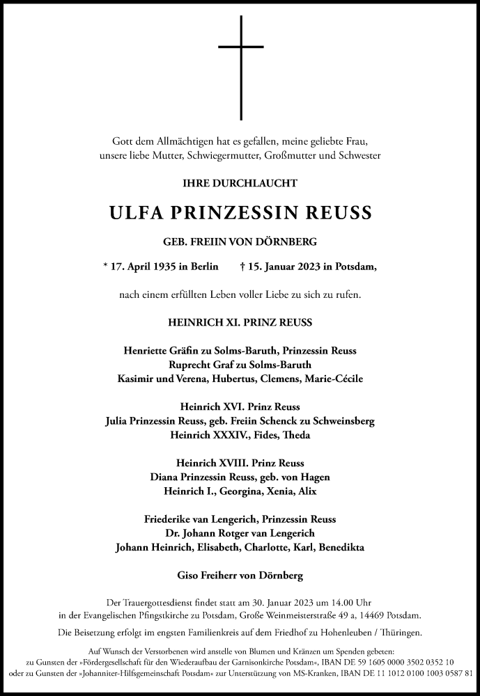  Traueranzeige für Ulfa Prinzessin Reus vom 21.01.2023 aus Frankfurter Allgemeine Zeitung