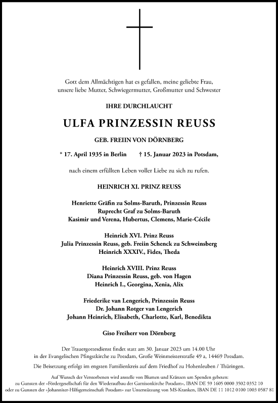 Traueranzeige von Ulfa Prinzessin Reus von Frankfurter Allgemeine Zeitung