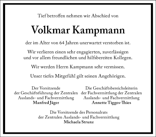 Traueranzeige von Volkmar Kampmann von Frankfurter Allgemeine Zeitung