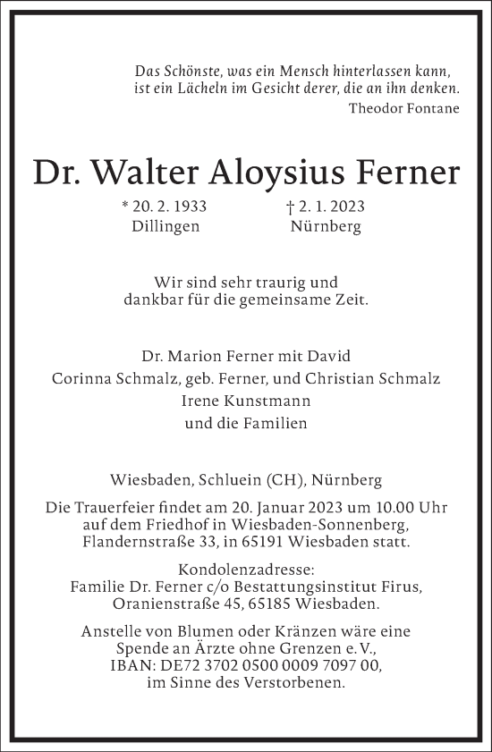 Traueranzeige von Walter Aloysius Ferner von Frankfurter Allgemeine Zeitung