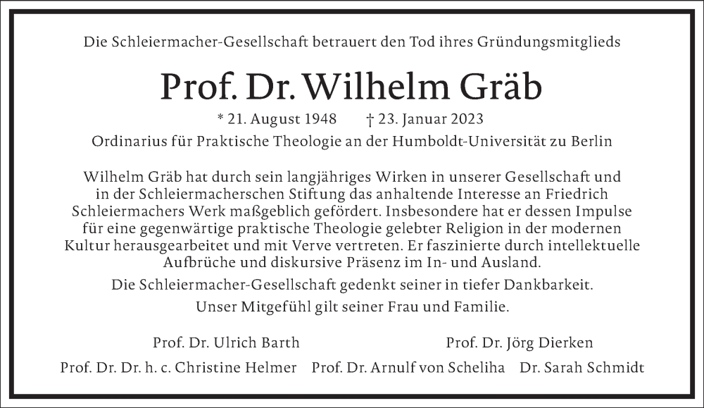  Traueranzeige für Wilhelm Gräb vom 28.01.2023 aus Frankfurter Allgemeine Zeitung