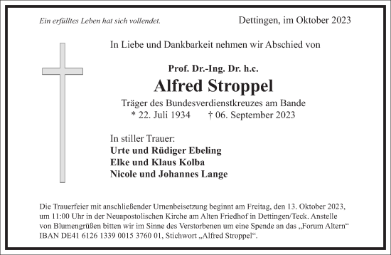 Traueranzeige von Alfred Stroppel von Frankfurter Allgemeine Zeitung
