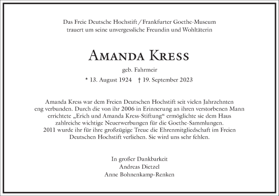 Traueranzeige von Amanda Kress von Frankfurter Allgemeine Zeitung