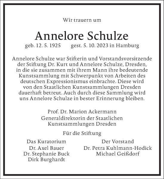 Traueranzeige von Annelore Schulze von Frankfurter Allgemeine Zeitung