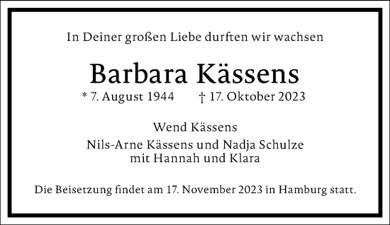 Traueranzeige von Barbara Kässens von Frankfurter Allgemeine Zeitung