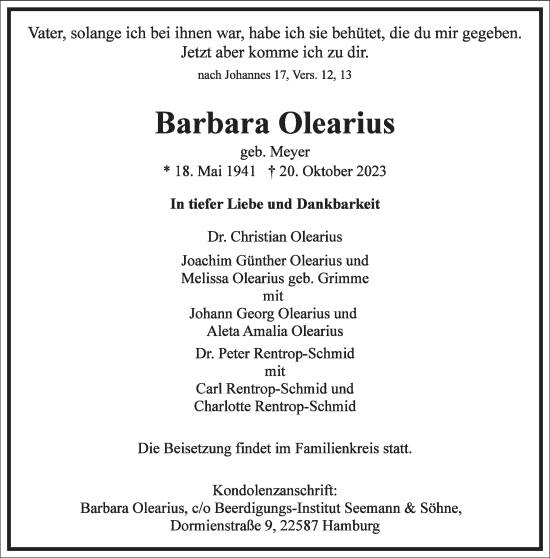 Traueranzeige von Barbara Olearius von Frankfurter Allgemeine Zeitung