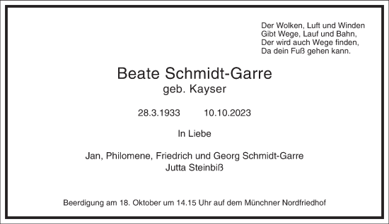 Traueranzeige von Beate Schmidt-Garre von Frankfurter Allgemeine Zeitung