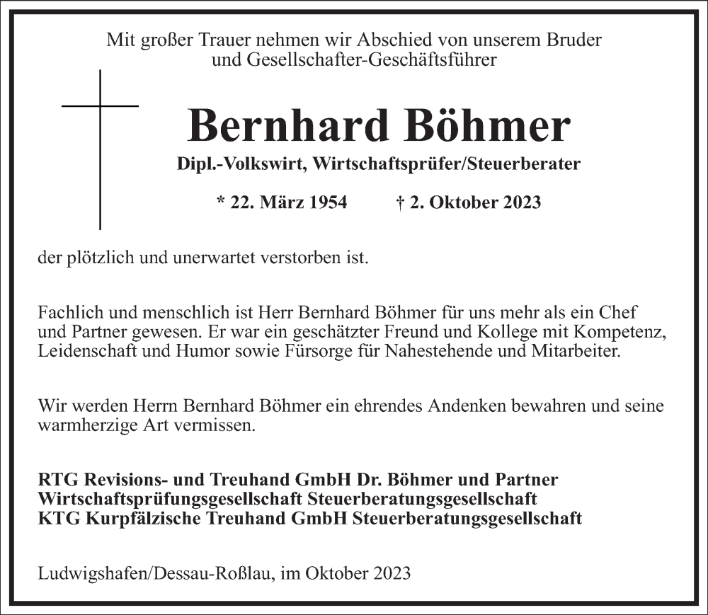  Traueranzeige für Bernhard Böhmer vom 07.10.2023 aus Frankfurter Allgemeine Zeitung