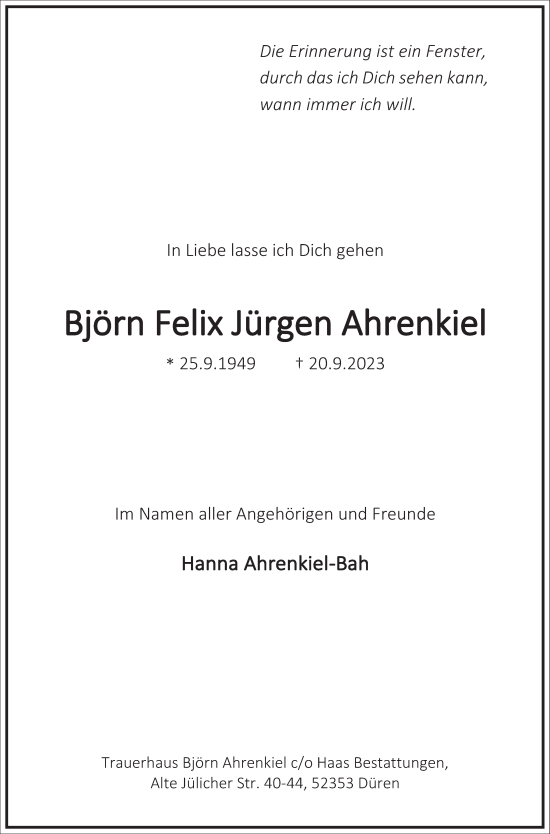 Traueranzeige von Björn Felix Jürgen Ahrenkiel von Frankfurter Allgemeine Zeitung