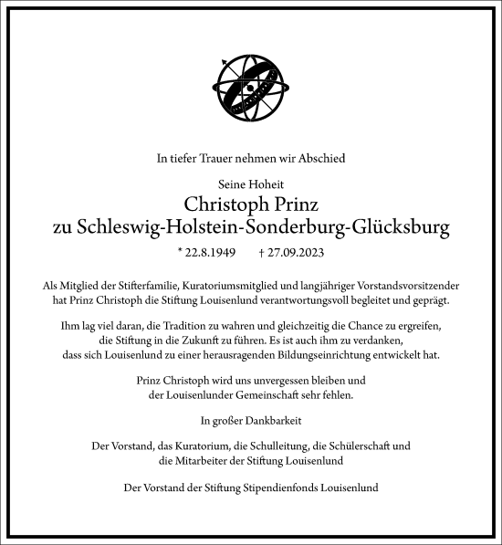 Traueranzeige von Christoph Prinz zu Schleswig-Holstein-Sonderburg-Glücksburg von Frankfurter Allgemeine Zeitung