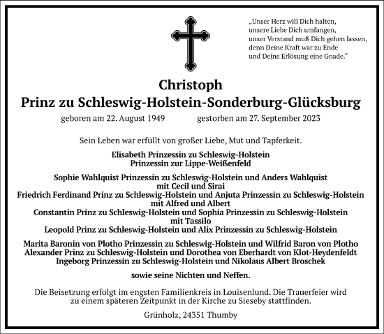 Traueranzeige von Christoph zu Schleswig-Holstein-Sonderburg-Glücksburg von Frankfurter Allgemeine Zeitung