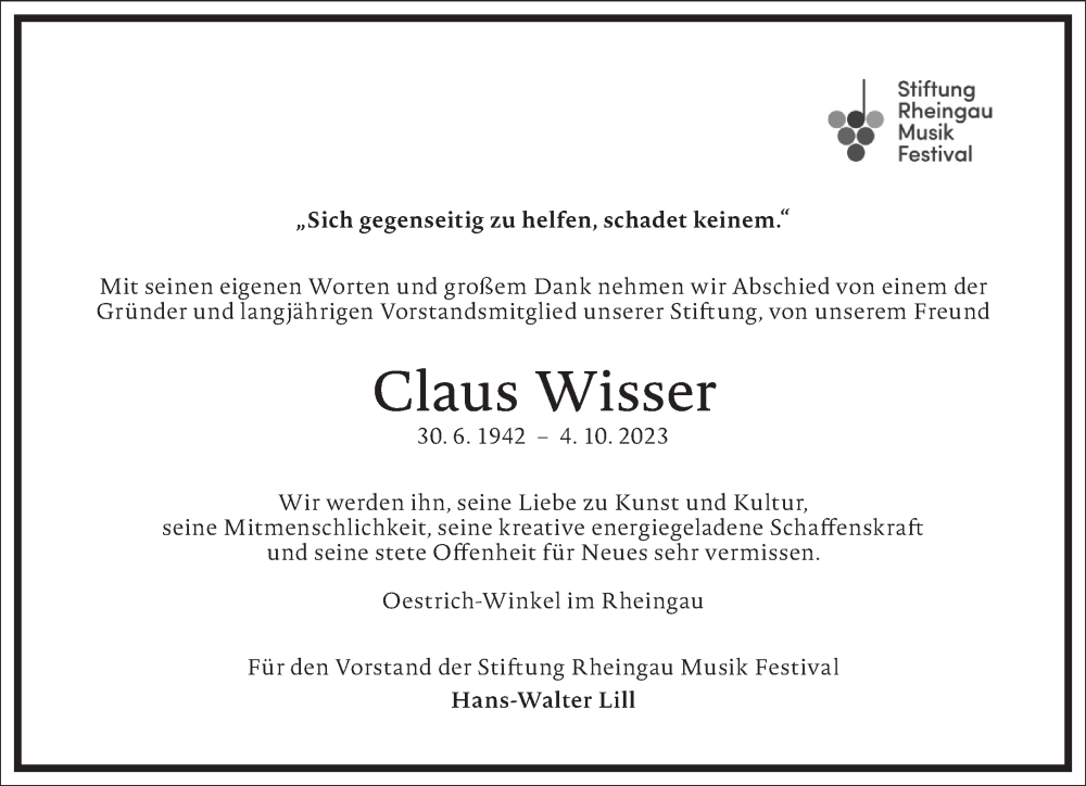  Traueranzeige für Claus Wisser vom 07.10.2023 aus Frankfurter Allgemeine Zeitung