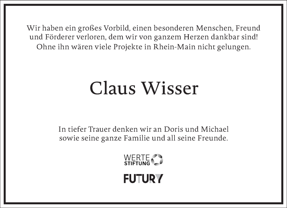  Traueranzeige für Claus Wisser vom 07.10.2023 aus Frankfurter Allgemeine Zeitung