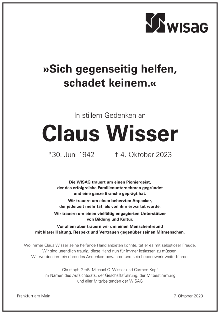  Traueranzeige für Claus Wisser vom 07.10.2023 aus Frankfurter Allgemeine Zeitung