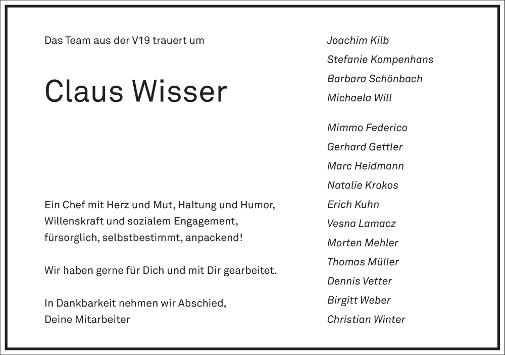  Traueranzeige für Claus Wisser vom 07.10.2023 aus Frankfurter Allgemeine Zeitung