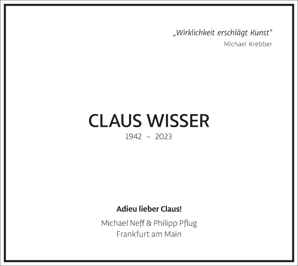  Traueranzeige für Claus Wisser vom 07.10.2023 aus Frankfurter Allgemeine Zeitung