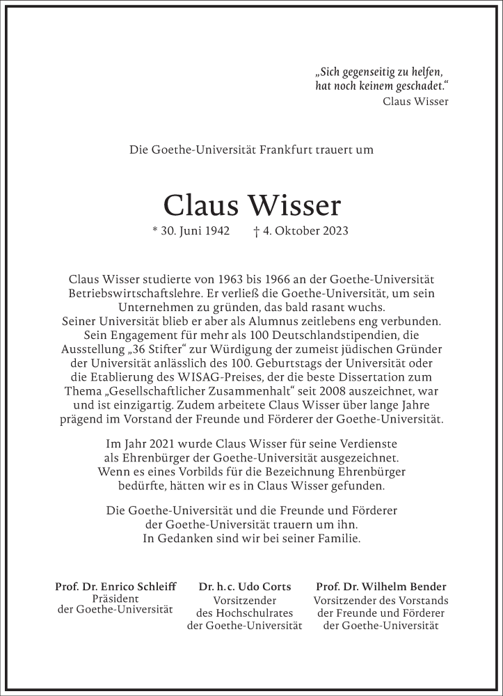  Traueranzeige für Claus Wisser vom 07.10.2023 aus Frankfurter Allgemeine Zeitung