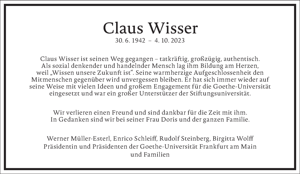  Traueranzeige für Claus Wisser vom 07.10.2023 aus Frankfurter Allgemeine Zeitung