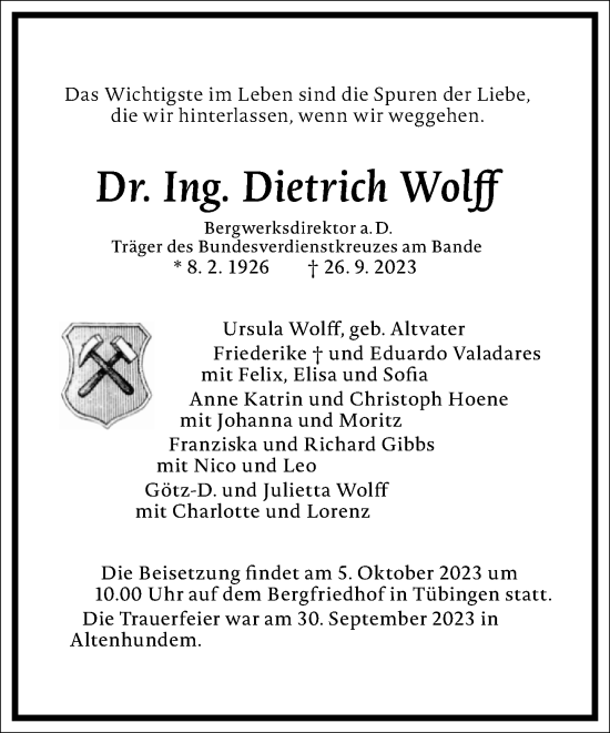 Traueranzeige von Dietrich Wolff von Frankfurter Allgemeine Zeitung