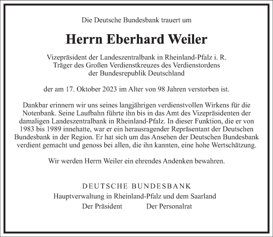 Traueranzeige von Eberhard Weiler von Frankfurter Allgemeine Zeitung