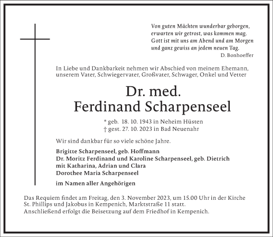 Traueranzeige von Ferdinand Scharpenseel von Frankfurter Allgemeine Zeitung