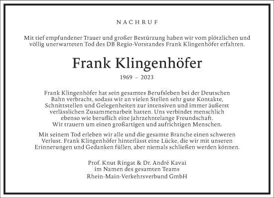 Traueranzeige von Frank Klingenhöfer von Frankfurter Allgemeine Zeitung