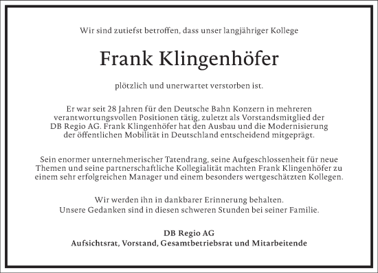 Traueranzeige von Frank Klingenhöfer von Frankfurter Allgemeine Zeitung