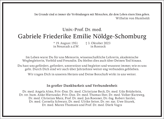 Traueranzeige von Gabriele Friederike Emilie Nöldge-Schomburg von Frankfurter Allgemeine Zeitung