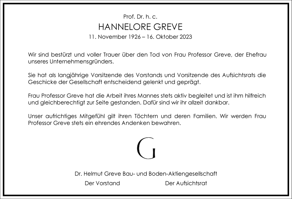  Traueranzeige für Hannelore Greve vom 28.10.2023 aus Frankfurter Allgemeine Zeitung