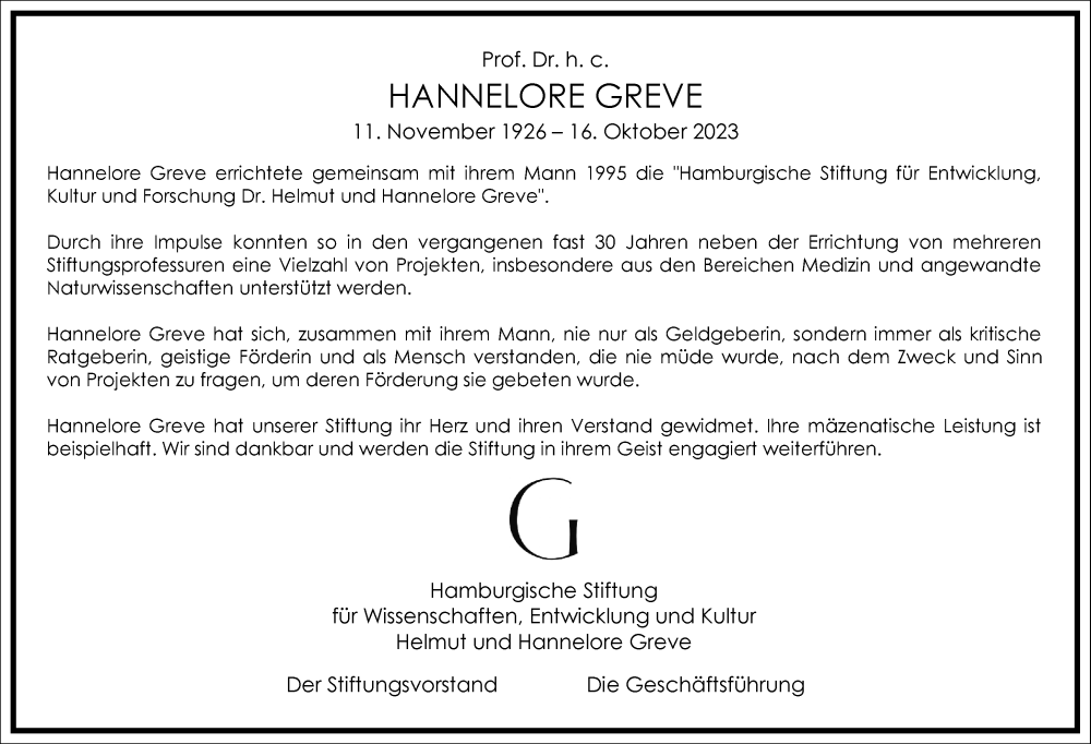  Traueranzeige für Hannelore Greve vom 28.10.2023 aus Frankfurter Allgemeine Zeitung