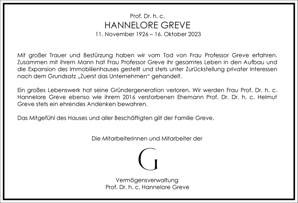  Traueranzeige für Hannelore Greve vom 28.10.2023 aus Frankfurter Allgemeine Zeitung