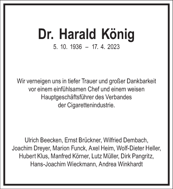 Traueranzeige von Harald König von Frankfurter Allgemeine Zeitung