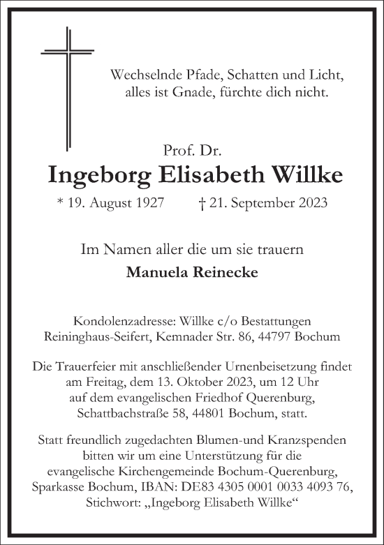 Traueranzeige von Ingeborg Elisabeth Willke von Frankfurter Allgemeine Zeitung