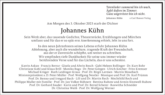 Traueranzeige von Johannes Kühn von Frankfurter Allgemeine Zeitung