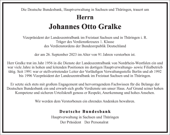 Traueranzeige von Johannes Otto Gralke von Frankfurter Allgemeine Zeitung