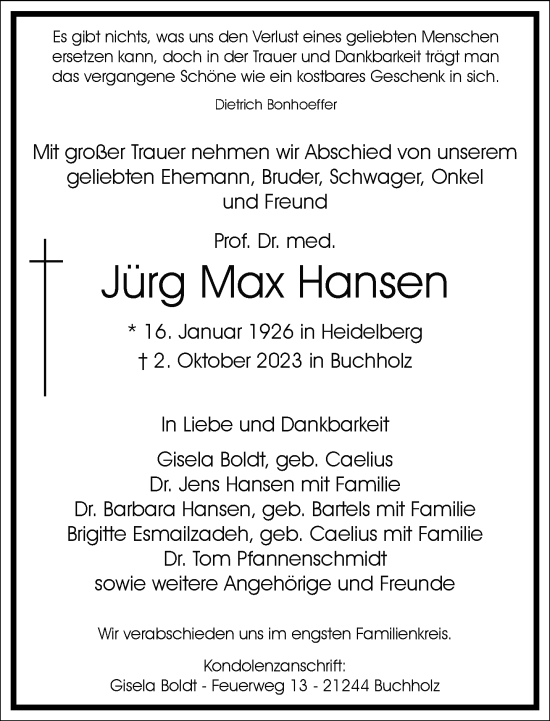 Traueranzeige von Jürg Max Hansen von Frankfurter Allgemeine Zeitung