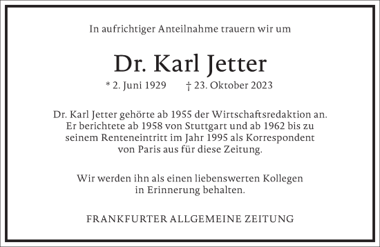 Traueranzeige von Karl Jetter von Frankfurter Allgemeine Zeitung